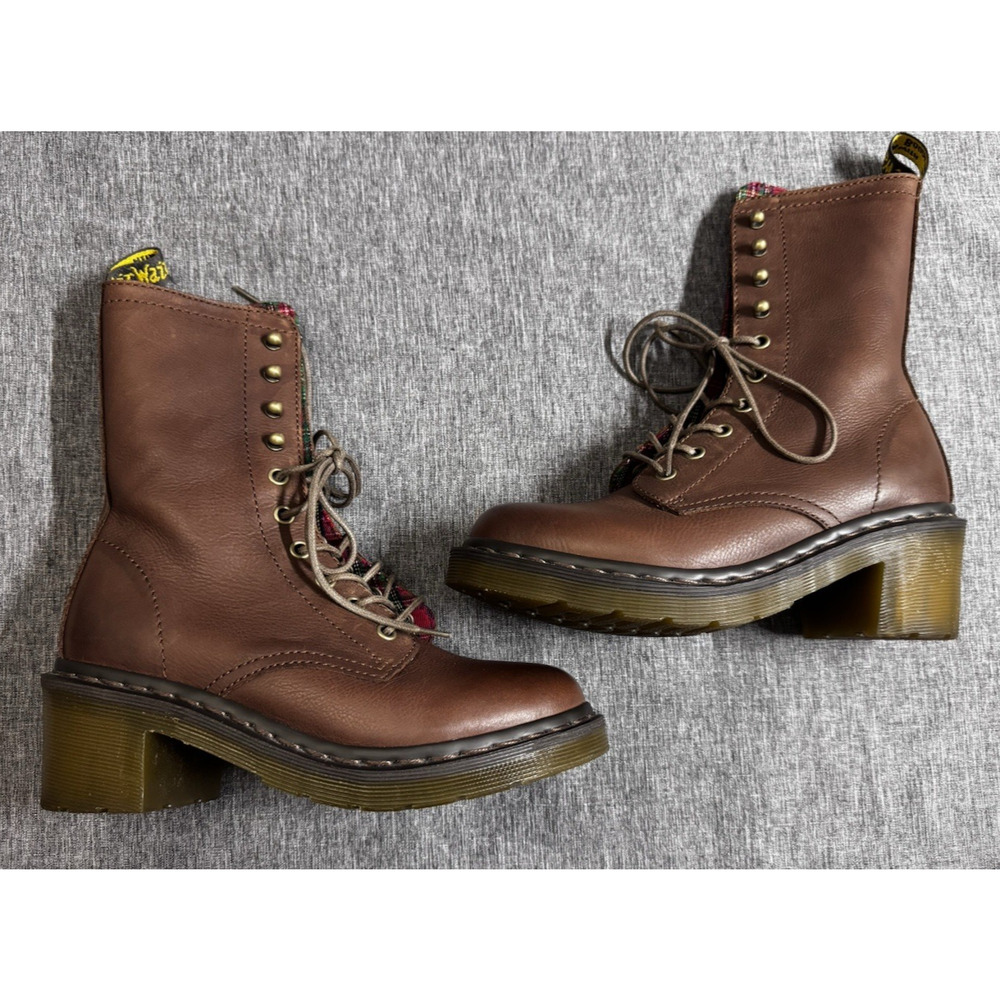 Dr. Martens Boots CASEY Brown Leather Plaid Airwair Rugged Laced Heel Size 6 - Picture 5 of 8